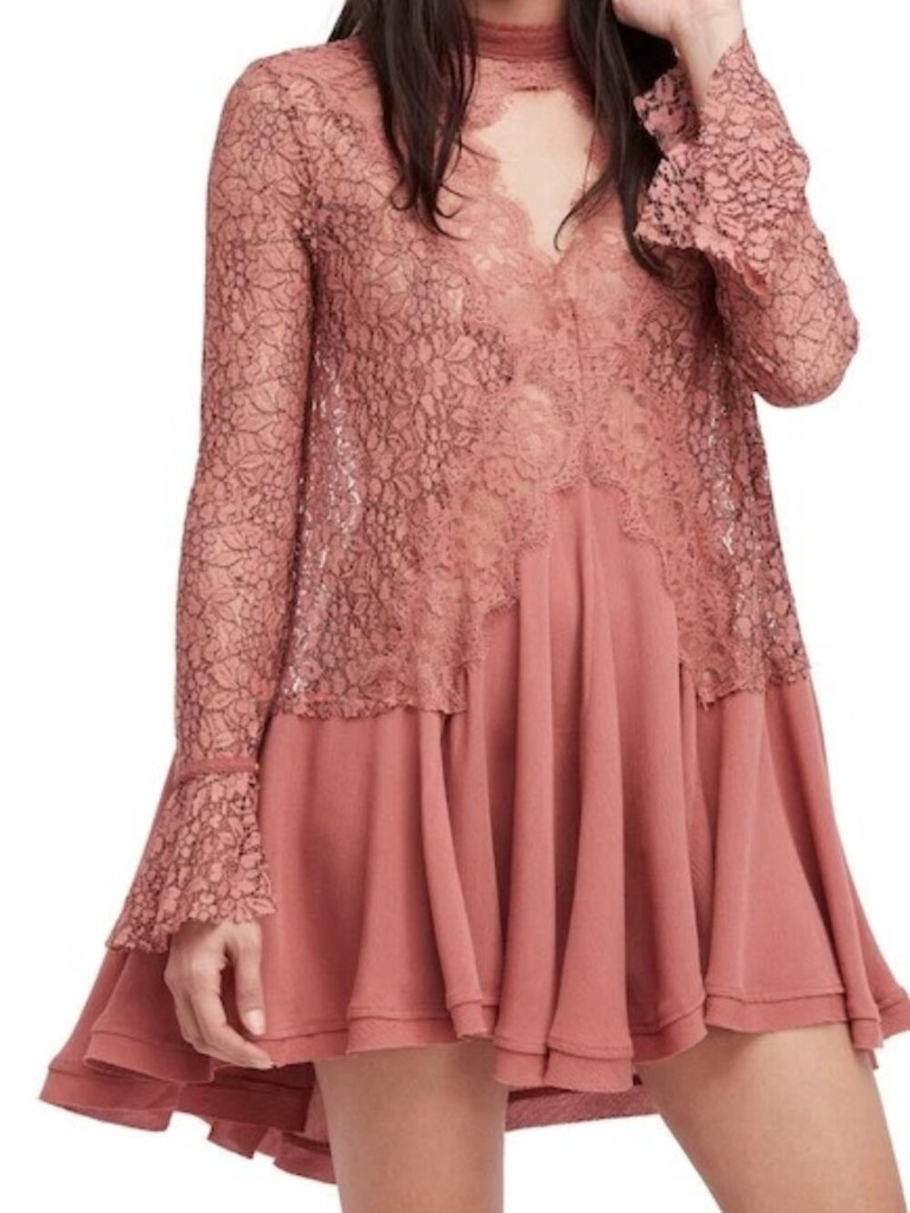 Free People Tell Tale Cutout Lace Tunic in Dusty Mauve